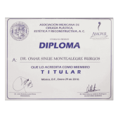 Diploma del Cirujano Plástico Dr. Omar Montealegre como miembro de la Asociación Mexicana de Cirugía Plástica y Reconstructiva